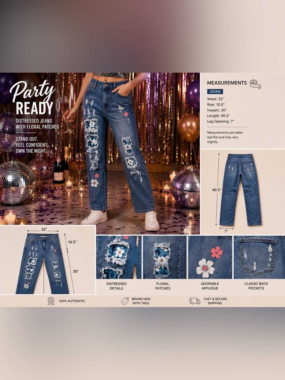 Women's Straight Leg Floral Patch Distressed Jeans - Blue